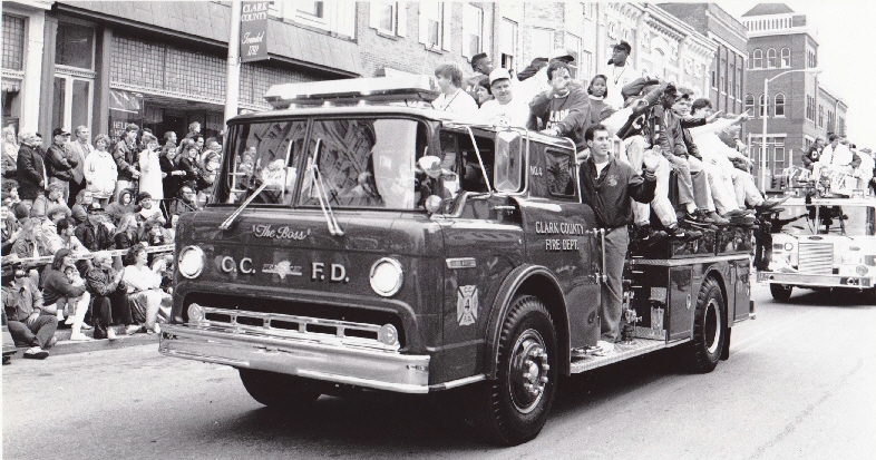 '91 Football champs on firetruck.